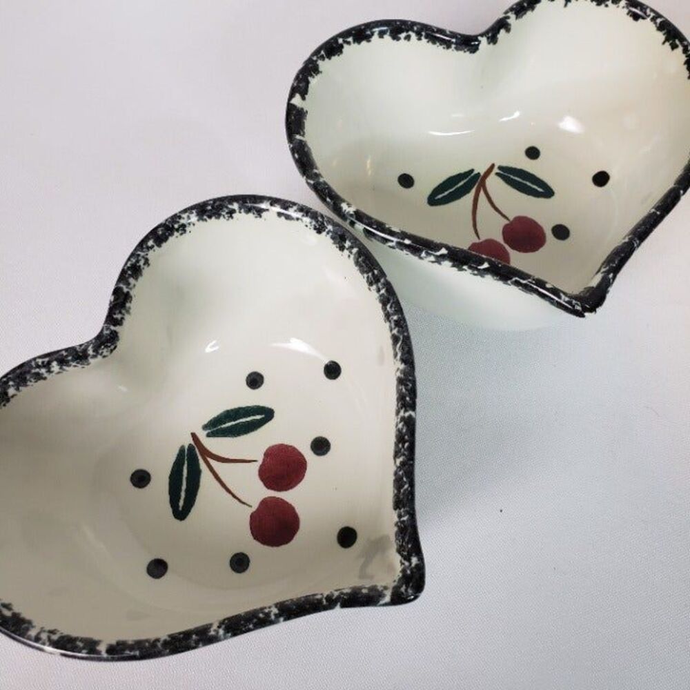 Vtg Chaparral Pottery Cherry Heart Nesting Bowls Set Red Spongeware Cottagecore